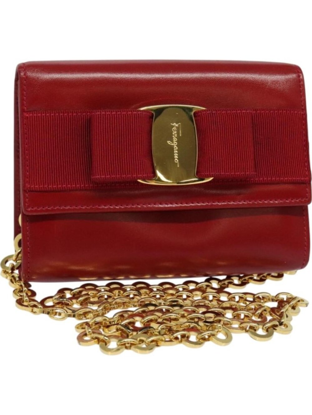 Salvatore Ferragamo Vala Chain Mini Shoulder Bag Leather Red Gold